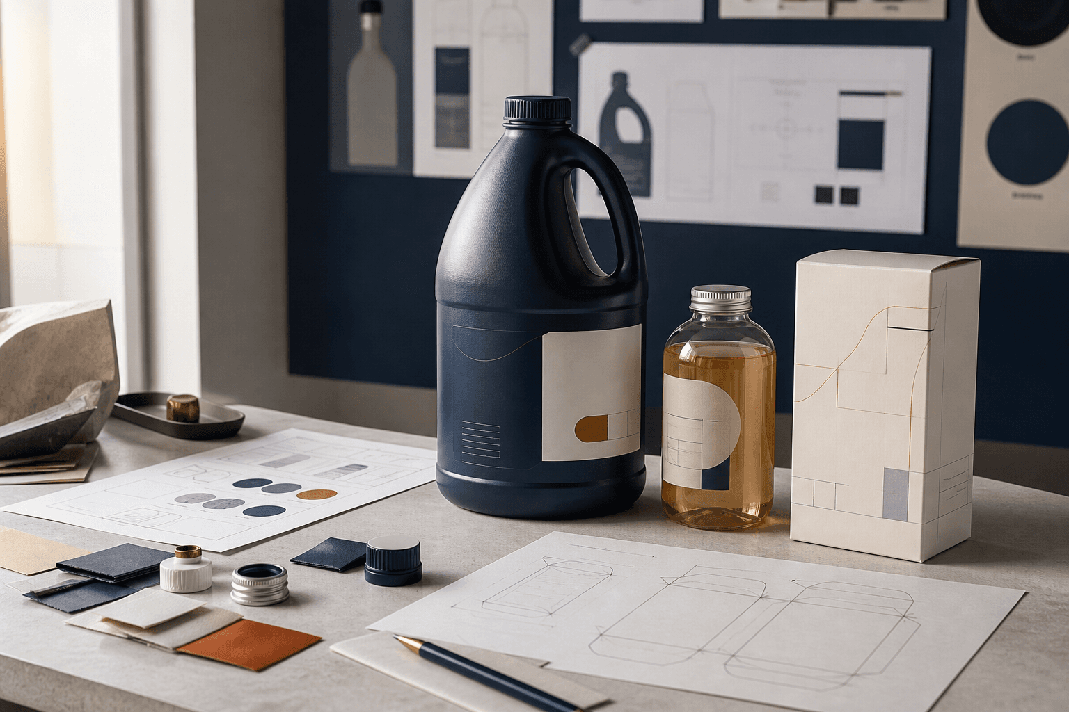 Product-development workspace with an unbranded one-gallon concentrate jug, formula sample, packaging prototype, material swatches, and concept sketches