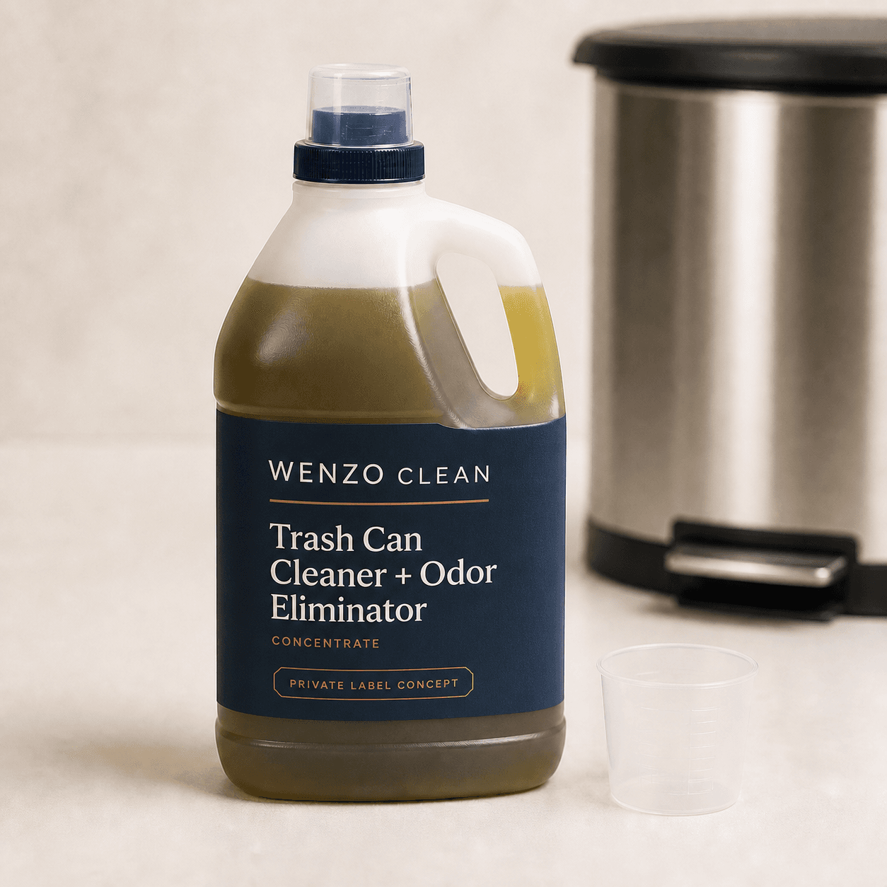 Concept visualization of a one-gallon trash can cleaner and odor eliminator concentrate